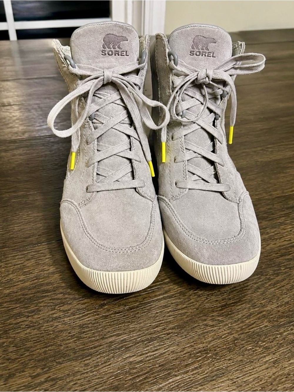 Sorel Women's Light Gray Suede Lace-Up Ankle Boots with Yellow Accents